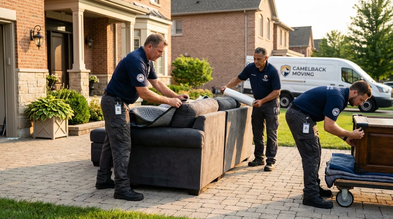Large estate moving crew wrapping furniture in Floral Park, NY