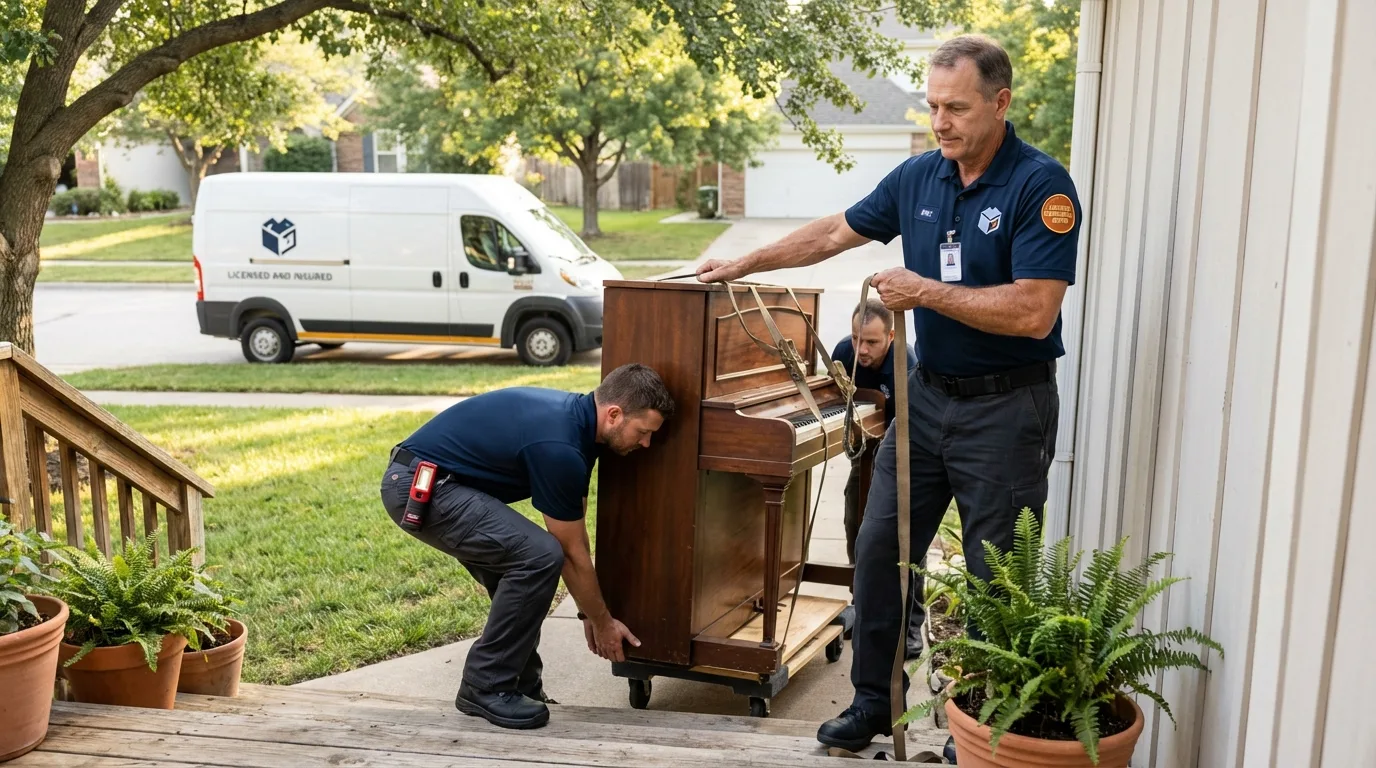 Licensed piano movers securing grand piano in Floral Park, NY