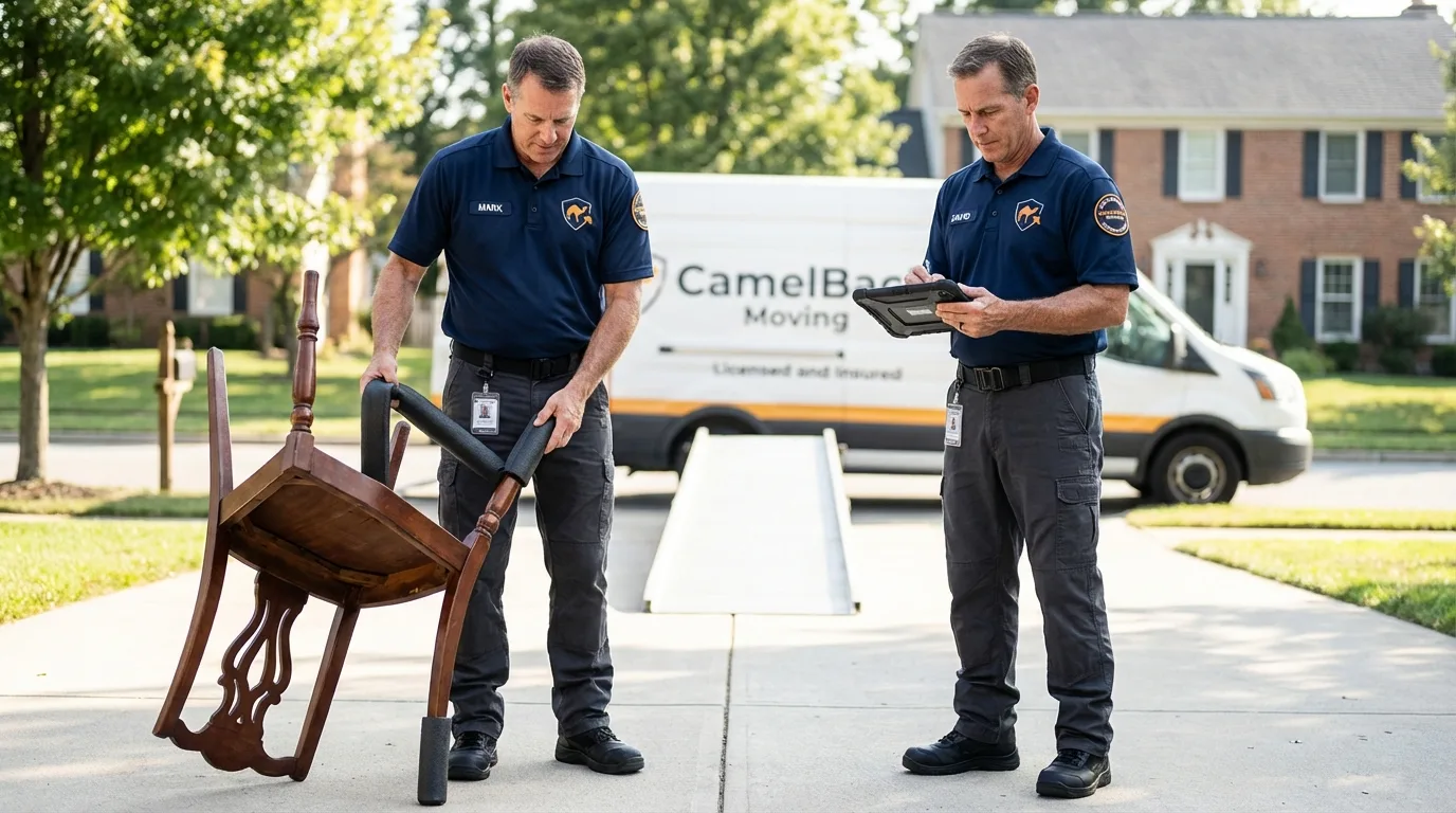 Movers inspecting furniture for damage prevention before loading in Floral Park, NY