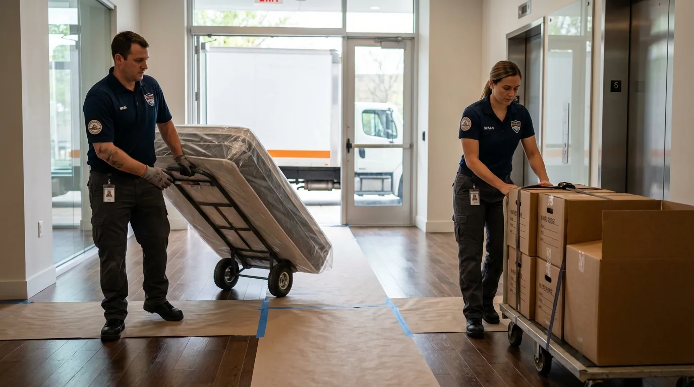 Professional apartment movers loading elevator in Floral Park, NY