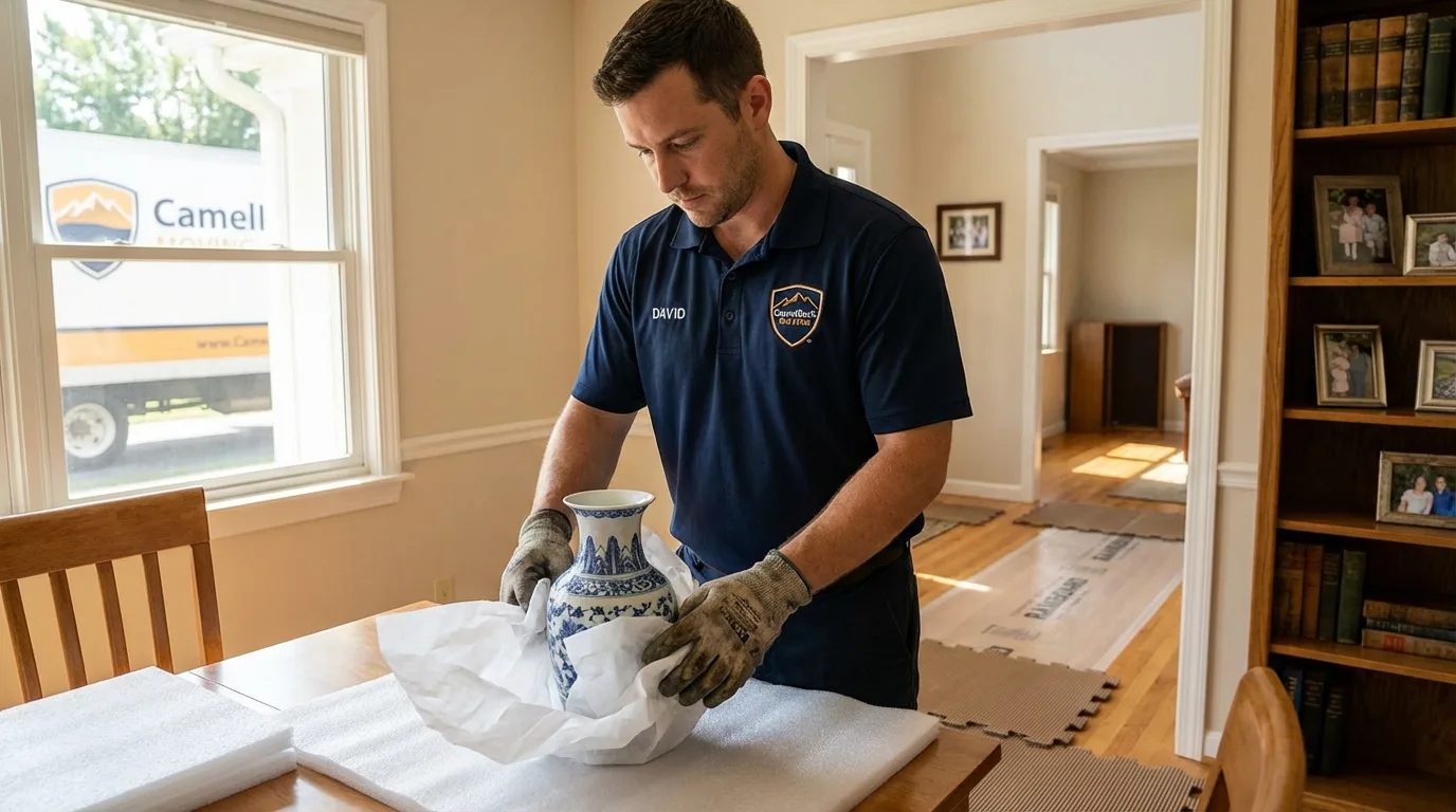 Professional crew carefully wrapping antique vase for senior downsizing move in Floral Park, NY